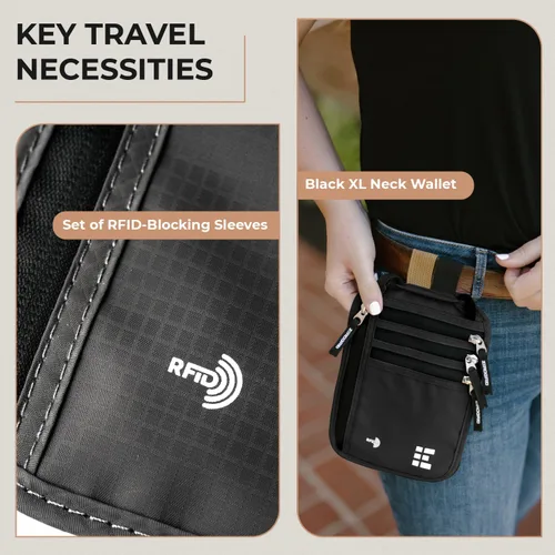 Miniatura 37 de Cartera para el cuello para viajes y pasaporte con bloqueo RFID, delgada y fácil de ocultar, bolsa de viaje de nailon para hombres y mujeres