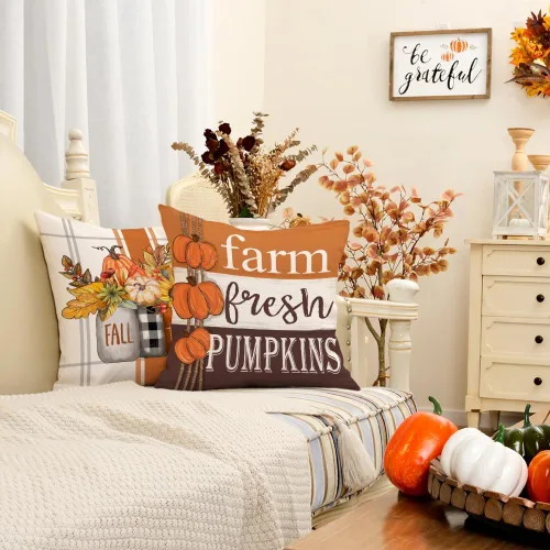 Miniatura 2 de GEEORY Juego de 4 fundas de almohada de otoño de 18 x 18 pulgadas, diseño de calabazas y tarros de masón, decoración agradecida, fundas de cojín
