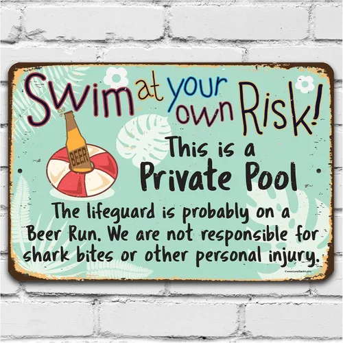 Cartel de piscina – Arte de pared de metal «Swim at Your Own Risk» – Decoración duradera de piscina al aire libre para terraza, patio o patio