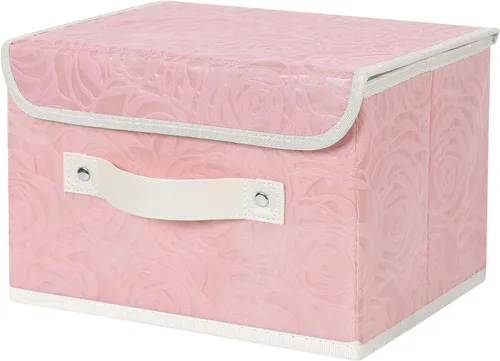 ANMINY Contenedor de Almacenamiento de Tela con Tapa Estampado de Rosas Caja de Almacenamiento Canasta con Asas de Cuero PU Lavable Tablero de
