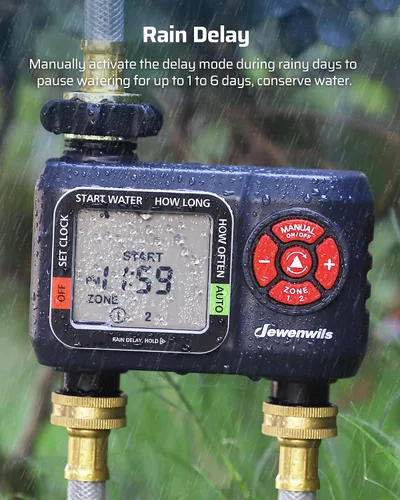 Miniatura 6 de DEWENWILS Temporizador de manguera de agua de 2 zonas: temporizador de rociador programable con retardo de lluvia, riego manual y riego automático