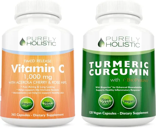 Purely Holistic Vitamina C 1000 mg + curcumina de cúrcuma orgánica de 700 mg y bioperina - 365 + 120 cápsulas - Paquete vegano - con rosa mosqueta y