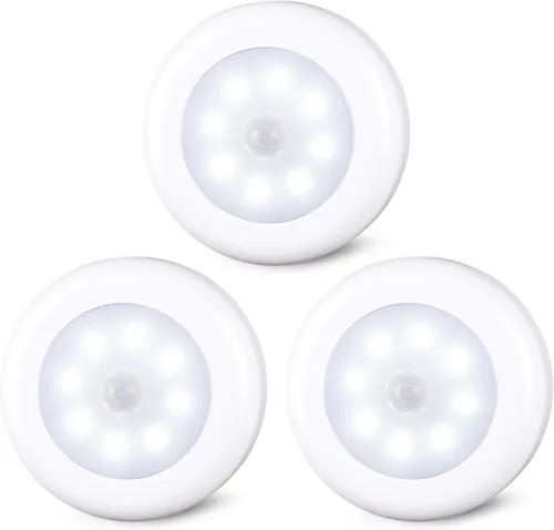 Miniatura 10 de STAR-SPANGLED Paquete de 3 luces con sensor de movimiento de 2.8 pulgadas para interiores, funciona con pilas AAA, luz LED para pegar en escaleras