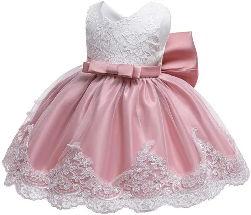 Miniatura 3 de Vestido de encaje y diadema formal con nudo de princesa y moño para niñas (color rojo sandía, 3-6 meses)