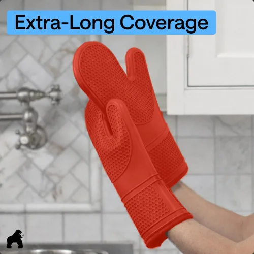 Miniatura 8 de GORILLA GRIP Guantes de horno de silicona suave sin BPA, 14.5 x 8.3, resistentes al calor e impermeables, forro de algodón grueso, agarre flexible