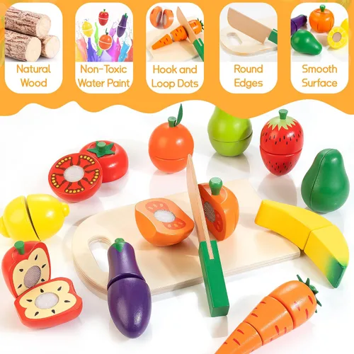 Miniatura 2 de Comida de juguete de madera para niños pequeños, juego de corte de frutas y verduras para niños, accesorios de cocina de juguete para niños y niñas