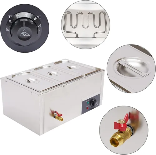 Miniatura 3 de Calentador eléctrico comercial de alimentos de 22.2 cuartos de galón, 850 W, mesa de vapor de 3 bandejas, encimera de buffet Bain Marie de acero