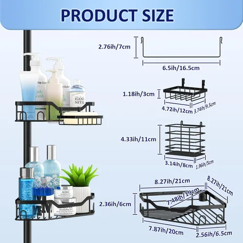 Miniatura 7 de Esquina esquinera para ducha, 4 niveles ajustables de 48 a 115 pulgadas, ajustable, a prueba de óxido, poste de tensión, estante de baño de pie