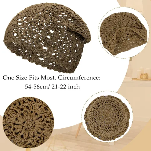 Miniatura 2 de 4 gorros de ganchillo holgados de punto hecho a mano para otoño, diseño floral, gorro de algodón con corte de calavera, sombreros de verano