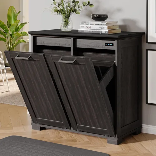 Miniatura 12 de UpWiew Armario de basura abatible con instalación rápida y función desodorizante, armario de basura de madera para comedor y cocina, color negro