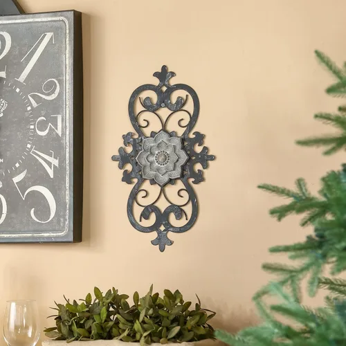 Miniatura 3 de Arte de pared de flores de metal, 15.75 x 9 pulgadas, decoración de pared floral de pergamino de metal, escultura de pared colgante con flor bohemia