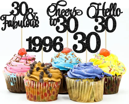 Miniatura 47 de Gyufise Paquete de 24 adornos negros para cupcakes de 10.º cumpleaños con purpurina negra 10 Ten Hello 10 Dights dobles desde 2015 para decoraciones