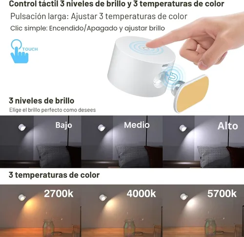 Miniatura 2 de Koopala Apliques LED de pared, lámparas de pared con batería recargable, con 3 brillo, carga extraíble, rotación de 360°, bola magnética, luz