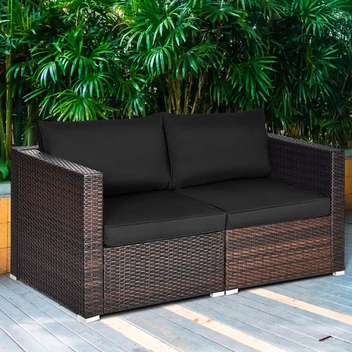 Miniatura 4 de Tangkula Sofá biplaza de mimbre de 2 piezas, muebles de patio con cojines extraíbles, sofá biplaza de ratán para balcón, terraza, jardín y piscina