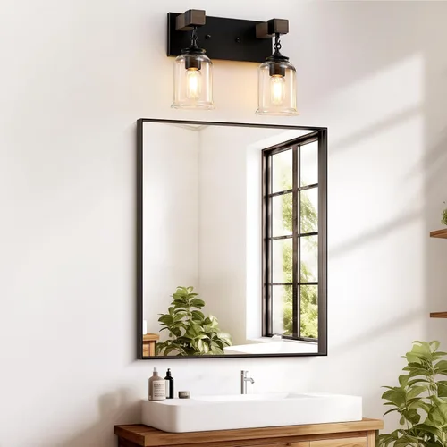 Miniatura 2 de VbiTmn Accesorios de Iluminación para Baño Estilo Granja, Lámpara de Tocador para Baño de 2 Luces Negro Mate, Estilo Industrial con Pantallas