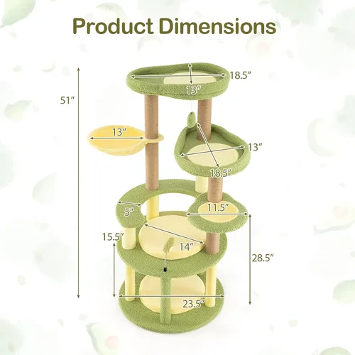 Miniatura 3 de PETSITE Árbol para gatos con temática de aguacate de 51 pulgadas, torre moderna de varios niveles con postes rascadores de yute, juguete colgante