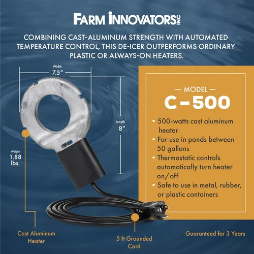 Miniatura 3 de Farm Innovators C-500 - Descongelador de agua sumergible de aluminio fundido, alimentado a 500 vatios con capacidad de 50 galones para un uso