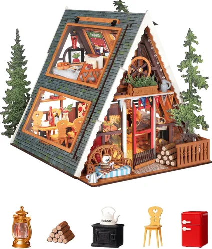 Rolife Kit de casa en miniatura para bricolaje, cabina con marco en A, rompecabezas de madera 3D con tragaluz que se abre para adolescentes y