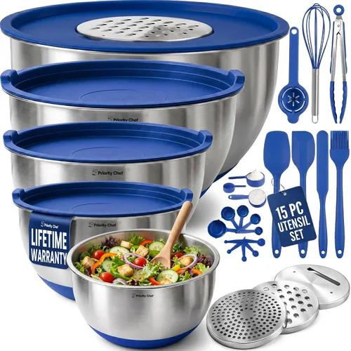 Miniatura 10 de Priority Chef Juego de tazones para mezclar de acero inoxidable con tapas, cuencos de metal con tapas herméticas, ralladores, base antideslizante