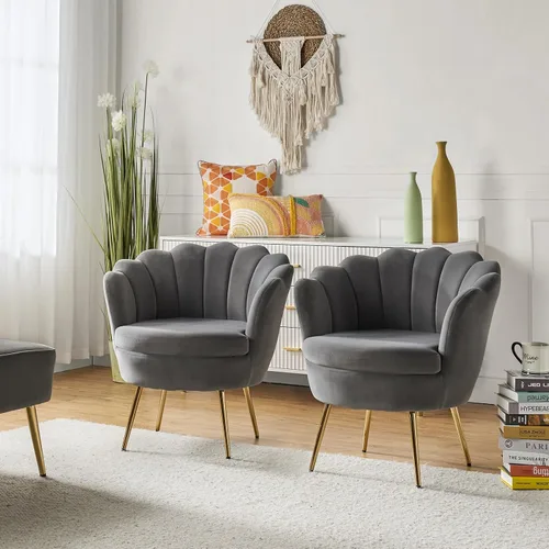 Miniatura 9 de HULALA HOME Silla decorativa moderna de terciopelo con respaldo en forma de concha, bonito sillón para sala de estar, dormitorio con patas doradas
