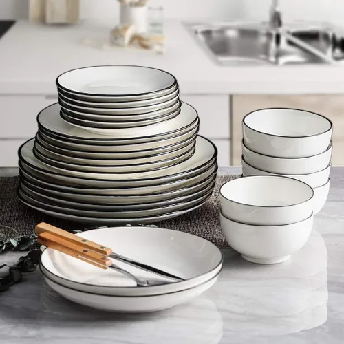 Miniatura 2 de YOLIFE Juego de 6 platos pequeños de porcelana para postre, platos de cerámica con borde negro de 6 pulgadas, platos para servir aperitivos