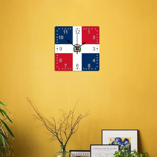 Miniatura 5 de Relojes de pared cuadrados de madera con bandera nacional de la República Dominicana con números arábigos, reloj silencioso sin tictac, funciona
