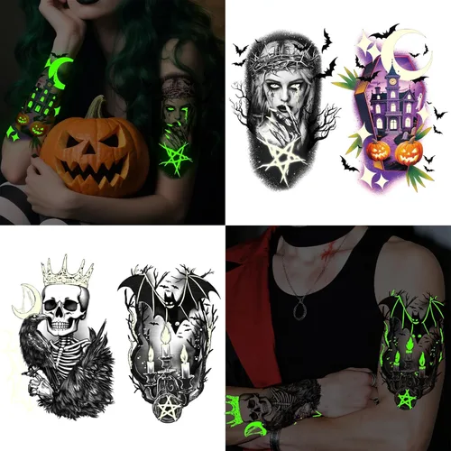 Miniatura 2 de 39 tatuajes temporales de Halloween que brillan en la oscuridad para adultos y niños, 9 tatuajes falsos realistas de media manga, calabaza
