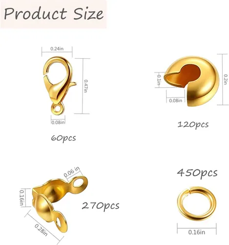 Miniatura 2 de Juego de 900 piezas de accesorios para fabricación de joyas con 120 cuentas de engarce abiertas semicirculares, 270 puntas de cuentas, cubiertas