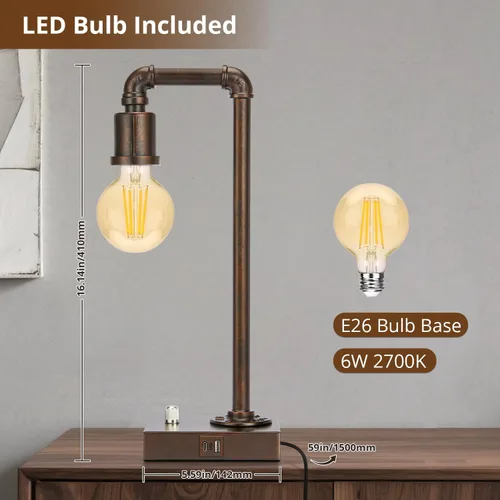 Miniatura 5 de Lámpara de mesa industrial para dormitorio, lámpara de noche completamente regulable con puertos USB C+A, lámpara vintage con diseño de tubo