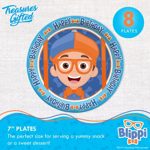 Treasures Gifted Platos de postre Blippi con licencia oficial de 8 unidades – 7 pulgadas – Platos de fiesta Blippi – Suministros para fiesta de
