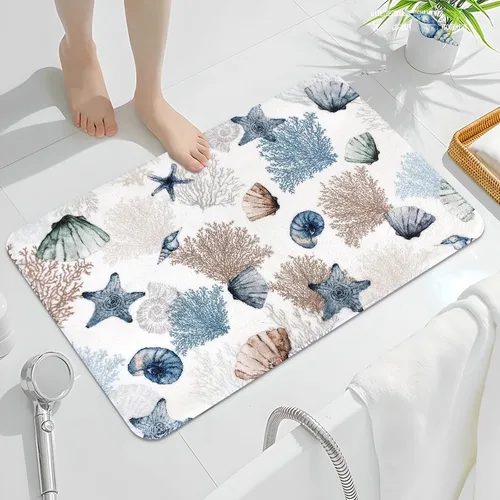 Miniatura 3 de MEHOFOND Alfombras de baño náuticas de 20 x 32 pulgadas, diseño de coralino, estrellas de mar y océano, antideslizantes, color azul marino