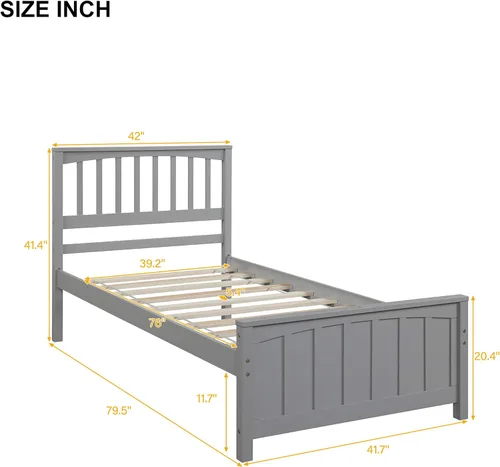 Miniatura 2 de MERITLINE Cama de plataforma de tamaño individual, marco de cama individual de madera, gris