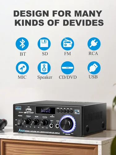 Miniatura 2 de Amplificador de audio estéreo para el hogar AK45, 400 W Bluetooth 5.0 HiFi Amplificador de potencia estéreo 2.0 canales RMS 40W x 2 sistema de audio