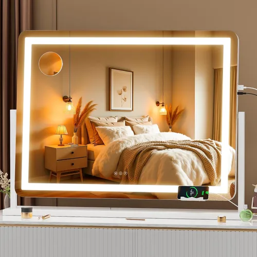 Miniatura 12 de Hasipu Espejo de tocador con luces, espejo de maquillaje LED de 24.2 x 19.7 pulgadas, espejo iluminado con aumento de 10 veces y USB, soporte