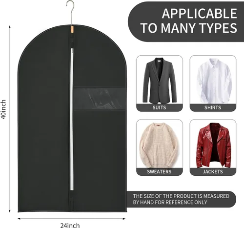 Miniatura 2 de Paquete de 6 bolsas de ropa de 24 x 40 pulgadas para almacenamiento de tela no tejida, bolsas de vestir negras para colgar ropa, bolsas de traje