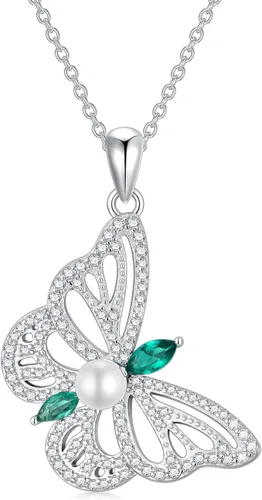 Zoeniya Collares de mariposa para mujeres y niñas, joyería de plata de ley, collar de perlas cultivadas de agua dulce con circonita cúbica, regalo