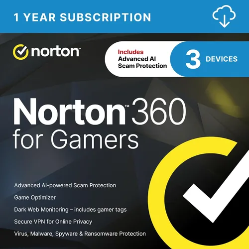 Norton 360 for Gamers for 3 Devices - Includes Advanced AI Scam Protection, Game Optimizer, Gamer tag monitoring, VPN, Dark Web Monitoring & PC