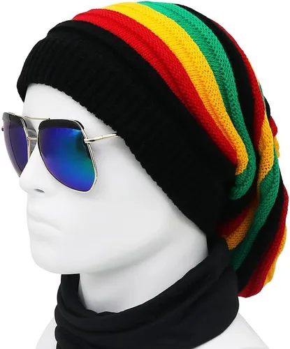 Miniatura 2 de Gorra unisex de Jamaica Reggae Rasta Slinky Beanie Multicolor a rayas Slouchy Baggie Beanie Skullies Gorro Rasta Hat, Negro