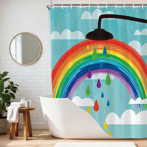 Wathon Divertida cortina de ducha de arcoíris para niños, colorido arcoíris blanco nube sobre cielo azul, lindo juego de cortina de ducha creativa