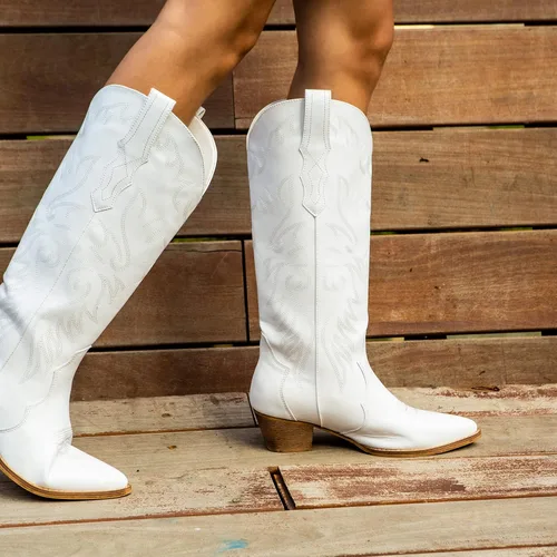 Miniatura 4 de Rollda Botas vaqueras bordadas para mujer, botas vaqueras hasta la rodilla con tacón grueso