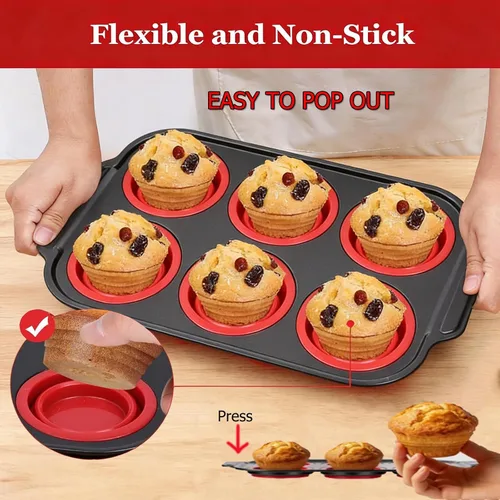 Miniatura 4 de Molde de Silicona para Muffins, Moldes para Muffins de 6 Cavidades para Hornear con Marco de Metal, Molde para Cupcakes, Moldes para Bocados de 6