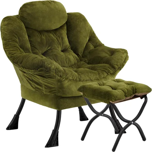 Miniatura 8 de Silla perezosa con otomana plegable, sofá de ocio, sillón de tela suave con reposabrazos y bolsillos laterales, silla de lectura con reposapiés