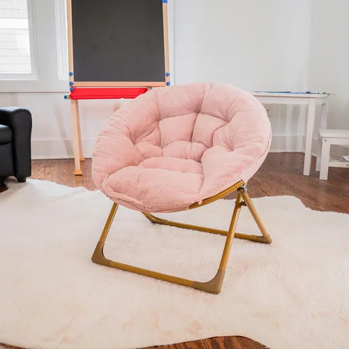 Miniatura 5 de Flash Furniture Silla Mini Plegable y Acogedora Gwen para Niños - Silla Lunar de Pelo Sintético Color Rosa Claro - Estructura de Metal Dorado Suave