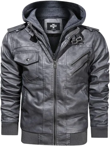 Miniatura 14 de Hood Crew - Chaqueta bomber para hombre, casual, con cuello alto, cazadora de moto, de piel sintética de poliuretano, con cremallera y capucha Marrón
