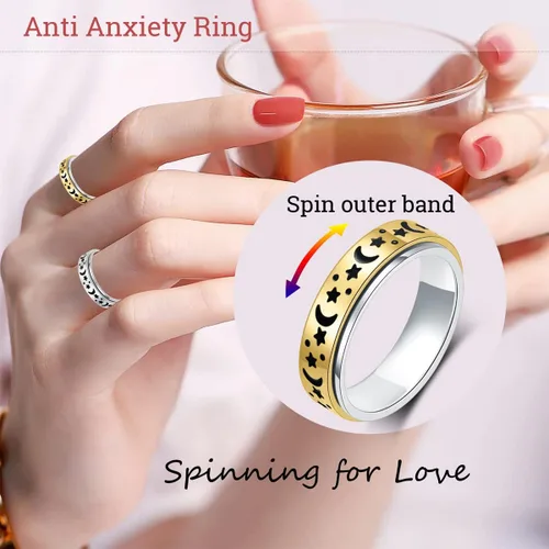 Miniatura 3 de OreilleStar Anillo de Ansiedad para Mujeres Anillo Fidget Acero Inoxidable Juguetes Fidget Adultos Anillo Giratorio Plateado Luna Estrella Anillo
