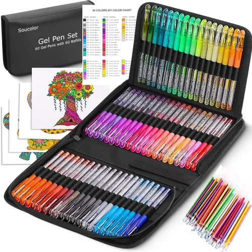 Soucolor Bolígrafos de gel con purpurina para libros de colorear para adultos, suministros escolares de clase de arte, paquete de 120 unidades, 60