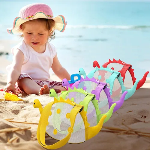 Miniatura 6 de Bolsa de playa de malla de juguete de playa, bolsa de recolección de conchas para niños, bolsa de juguete de playa de dinosaurio para sostener Morado