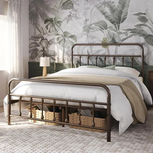 Miniatura 3 de Yaheetech Base de cama clásica de metal con base de colchón con estilo victoriano, cabecera, estribo, almacenamiento debajo de la cama, no necesita