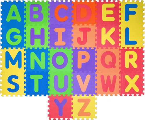 Tapete de juego de espuma ABC – Tapete entrelazado del alfabeto para niños pequeños – 26 azulejos suaves para ejercicio 12 x 12 – Cobertura del