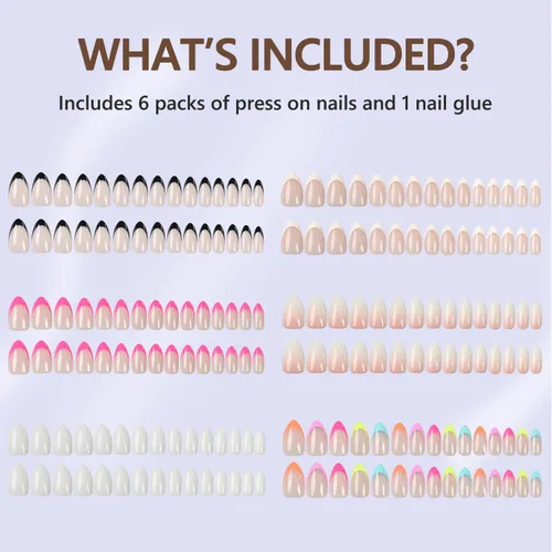 Miniatura 2 de 6 paquetes de uñas postizas en forma de almendra, uñas postizas de punta francesa Misssix cortas, uñas postizas reutilizables con pegamento, uñas